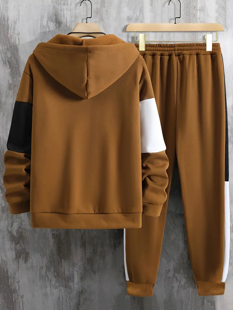 Men's Athletic 2Pcs Tracksuit Set(Light Brown) (Casual) Full-Zip Sweat suits Long Sleeve Hoodie and Jogging Pants